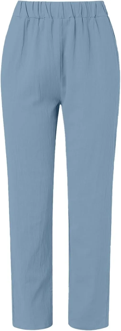 Women's Casual Pants Side Button Lightweight Drawstring Elastic Waist Pants Straight Leg Baggy Trousers with Pockets