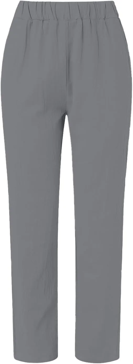 Women's Casual Pants Side Button Lightweight Drawstring Elastic Waist Pants Straight Leg Baggy Trousers with Pockets