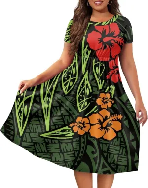 Women's Casual Plus Size Polynesian Tribal Puletasi Dress O-Neck Knee-Length A-Line Party Cocktail Swing Dress