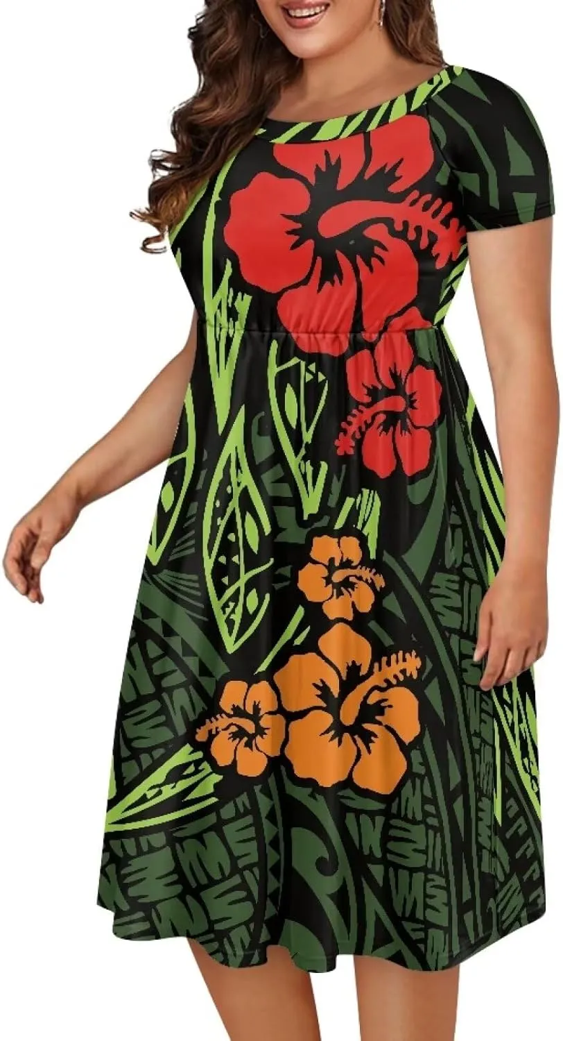 Women's Casual Plus Size Polynesian Tribal Puletasi Dress O-Neck Knee-Length A-Line Party Cocktail Swing Dress