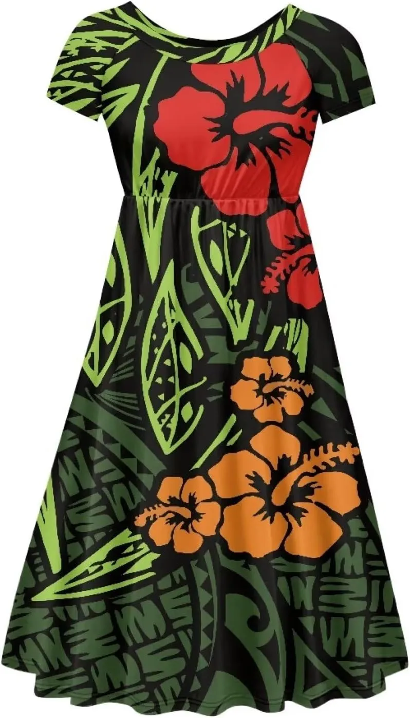 Women's Casual Plus Size Polynesian Tribal Puletasi Dress O-Neck Knee-Length A-Line Party Cocktail Swing Dress