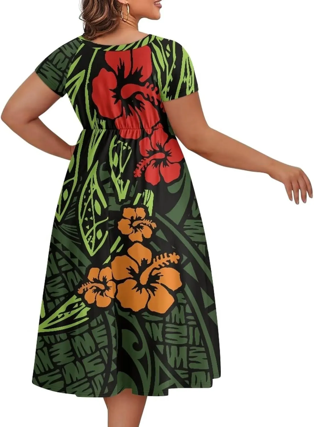 Women's Casual Plus Size Polynesian Tribal Puletasi Dress O-Neck Knee-Length A-Line Party Cocktail Swing Dress