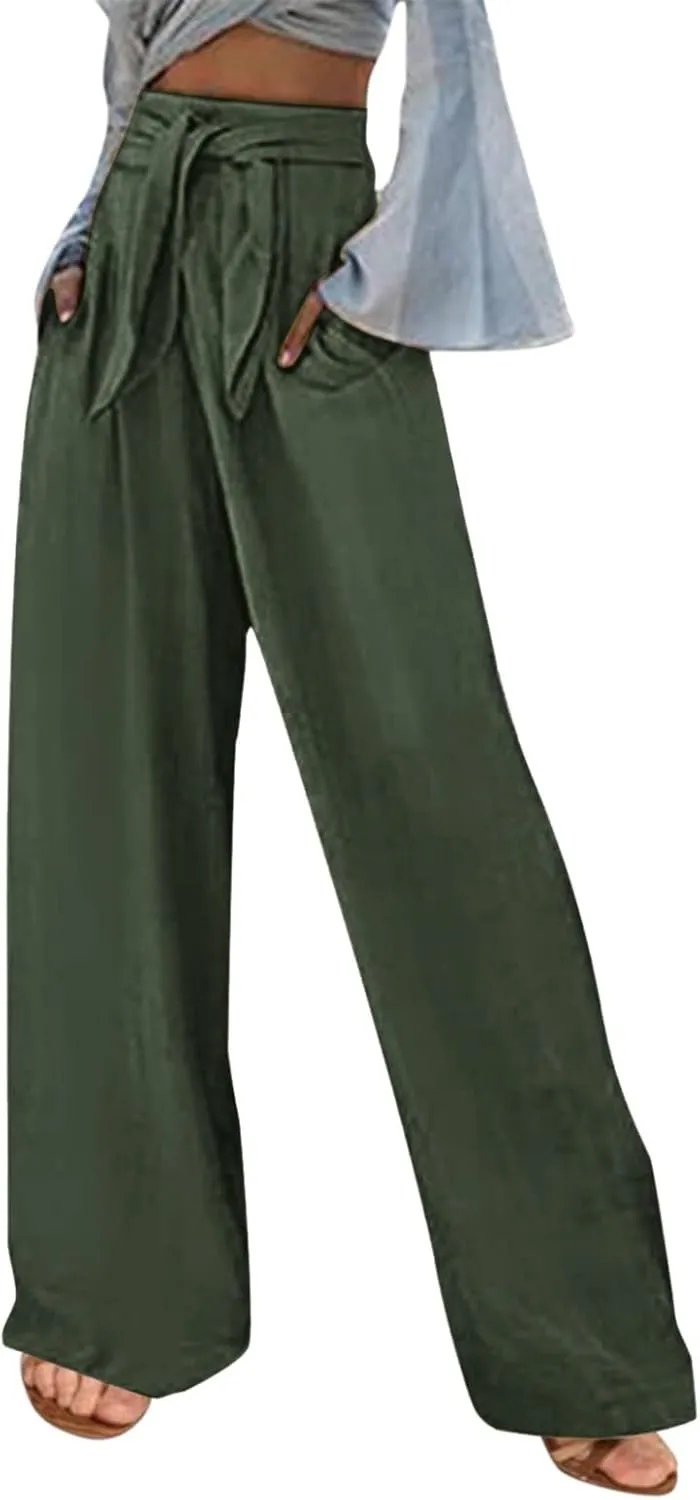 Womens Casual Solid Color Loose Pockets Elastic Belt Waist Pants Long Trousers Slim Pants for Women