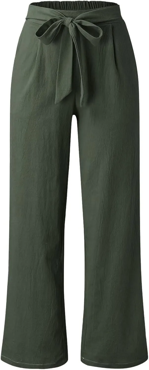 Womens Casual Solid Color Loose Pockets Elastic Belt Waist Pants Long Trousers Slim Pants for Women