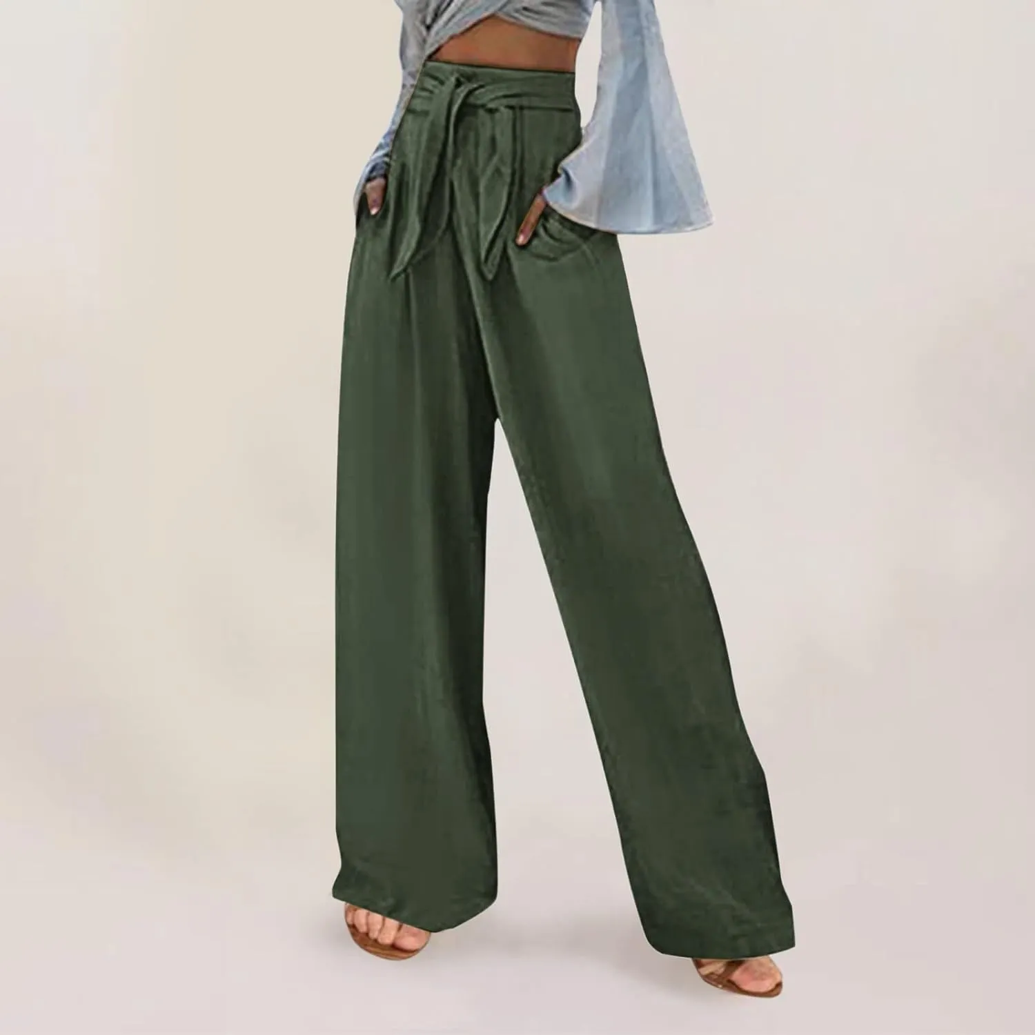 Womens Casual Solid Color Loose Pockets Elastic Belt Waist Pants Long Trousers Slim Pants for Women