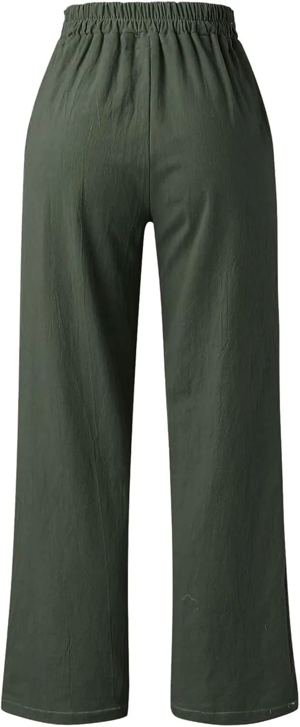 Womens Casual Solid Color Loose Pockets Elastic Belt Waist Pants Long Trousers Slim Pants for Women