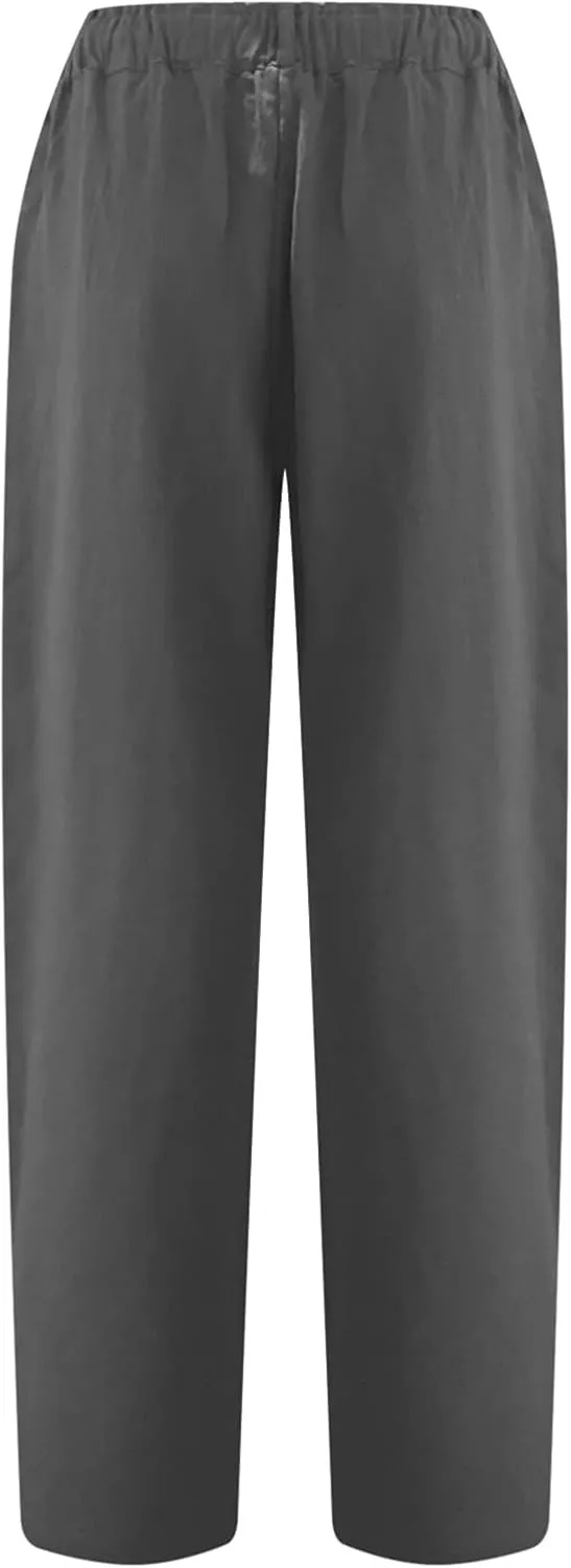 Womens Casual Summer Cotton Linen Pants Elastic Waist Straight Leg Capris Pant Cropped Lounge Trousers with Pockets