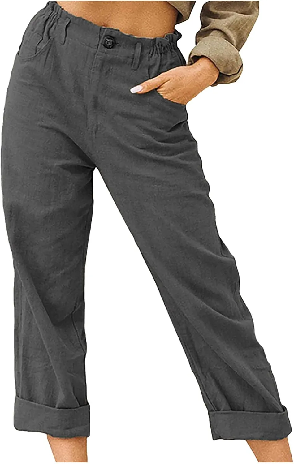 Womens Casual Summer Cotton Linen Pants Elastic Waist Straight Leg Capris Pant Cropped Lounge Trousers with Pockets