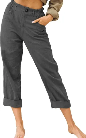 Womens Casual Summer Cotton Linen Pants Elastic Waist Straight Leg Capris Pant Cropped Lounge Trousers with Pockets