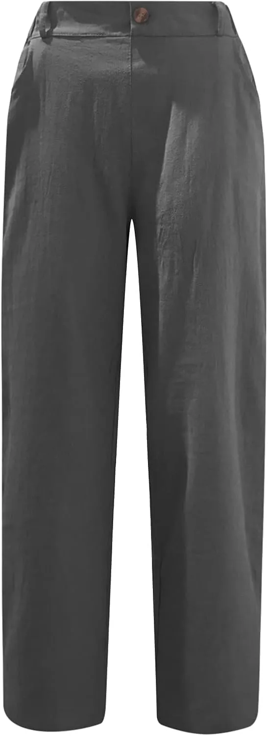 Womens Casual Summer Cotton Linen Pants Elastic Waist Straight Leg Capris Pant Cropped Lounge Trousers with Pockets