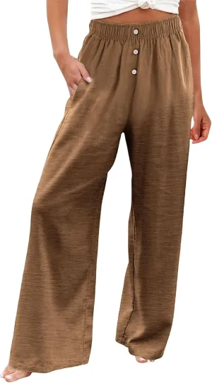Women's Casual Wide Leg Pants Summer High Waisted Cotton Linen Palazzo Pants Boho Flowy Lounge Trousers