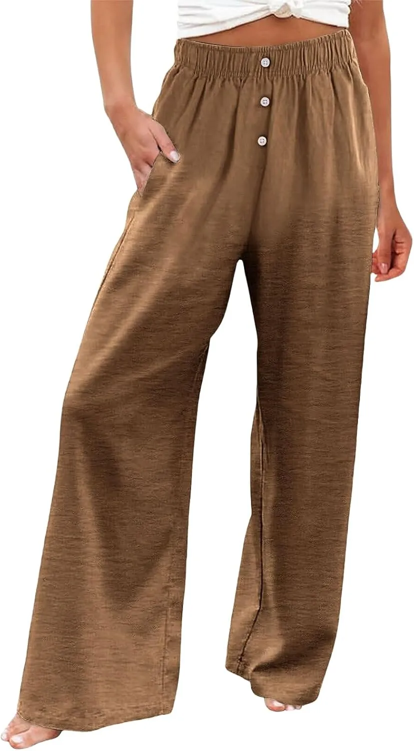 Women's Casual Wide Leg Pants Summer High Waisted Cotton Linen Palazzo Pants Boho Flowy Lounge Trousers