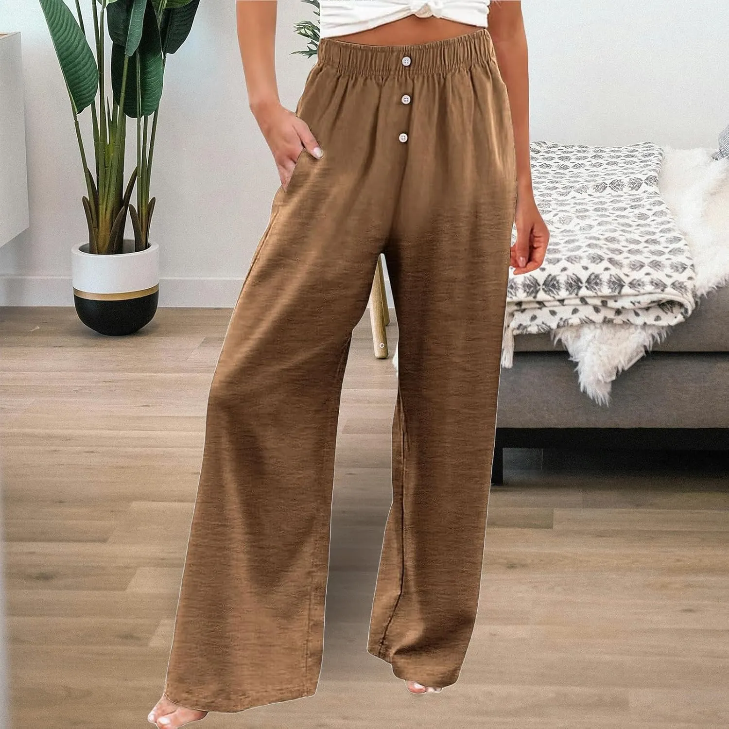 Women's Casual Wide Leg Pants Summer High Waisted Cotton Linen Palazzo Pants Boho Flowy Lounge Trousers