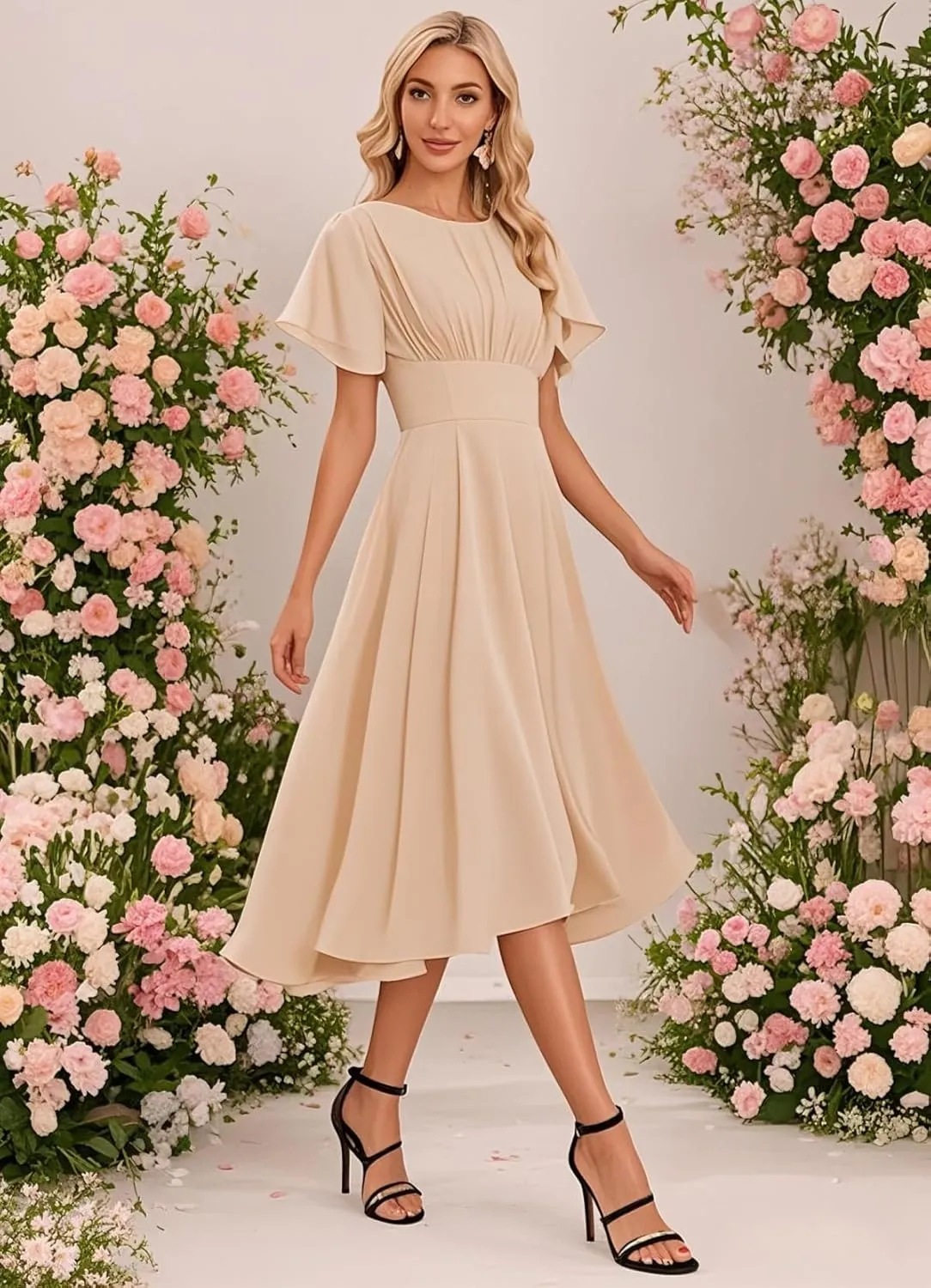 Women's Chiffon Bridesmaid Dresses Short with Flutter Sleeve Empire Waist Ruched Wedding Formal Evening Dress