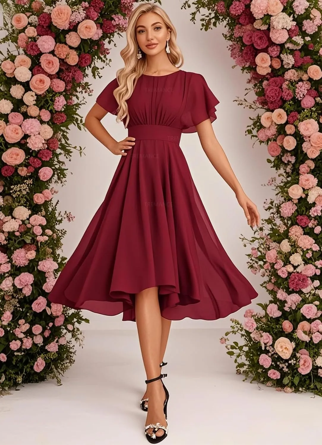 Women's Chiffon Bridesmaid Dresses Short with Flutter Sleeve Empire Waist Ruched Wedding Formal Evening Dress