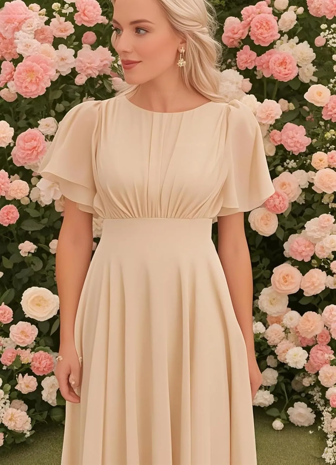 Women's Chiffon Bridesmaid Dresses Short with Flutter Sleeve Empire Waist Ruched Wedding Formal Evening Dress