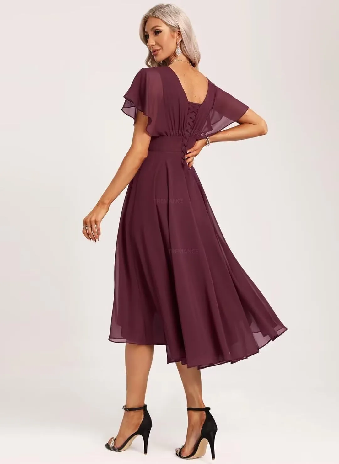 Women's Chiffon Bridesmaid Dresses Short with Flutter Sleeve Empire Waist Ruched Wedding Formal Evening Dress