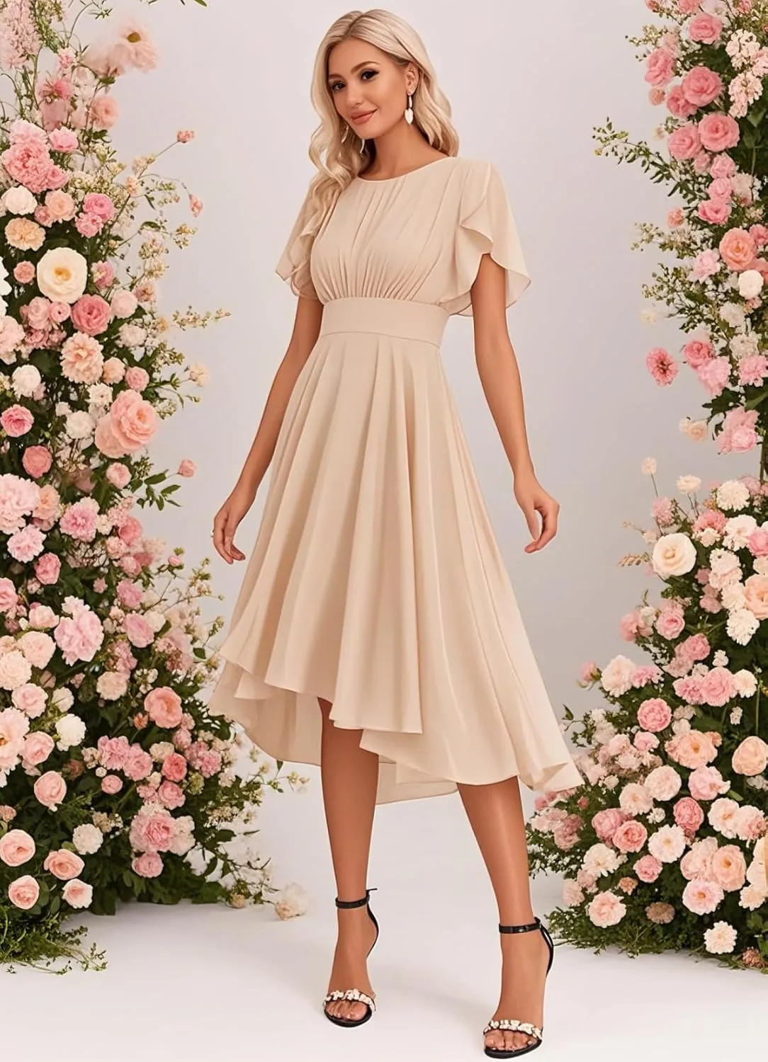 Women's Chiffon Bridesmaid Dresses Short with Flutter Sleeve Empire Waist Ruched Wedding Formal Evening Dress