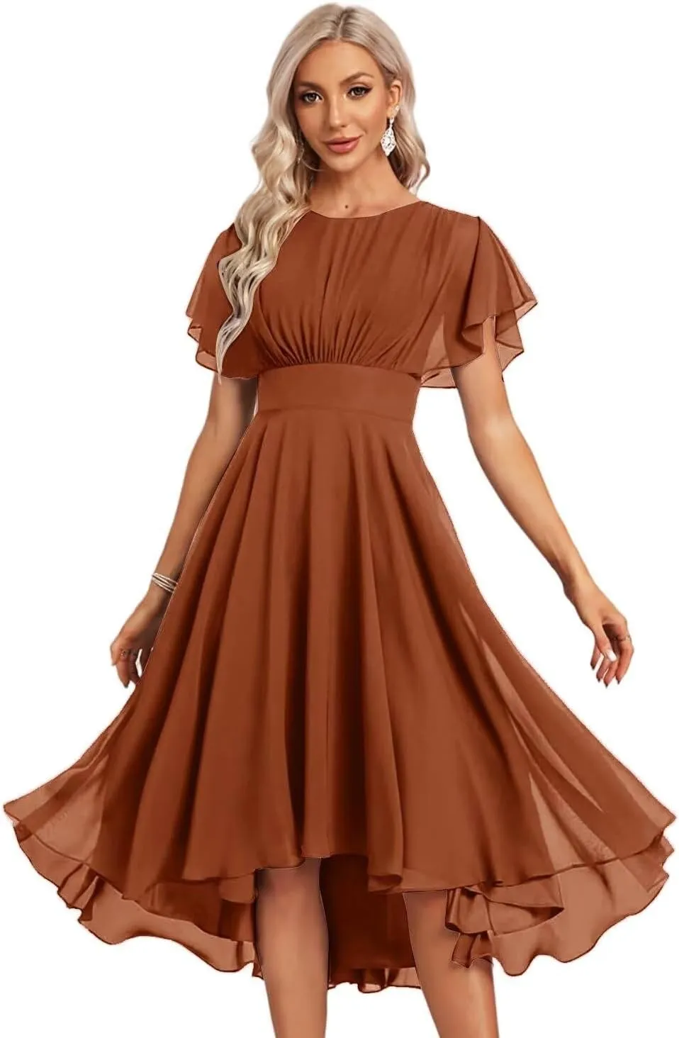 Women's Chiffon Bridesmaid Dresses Short with Flutter Sleeve Empire Waist Ruched Wedding Formal Evening Dress
