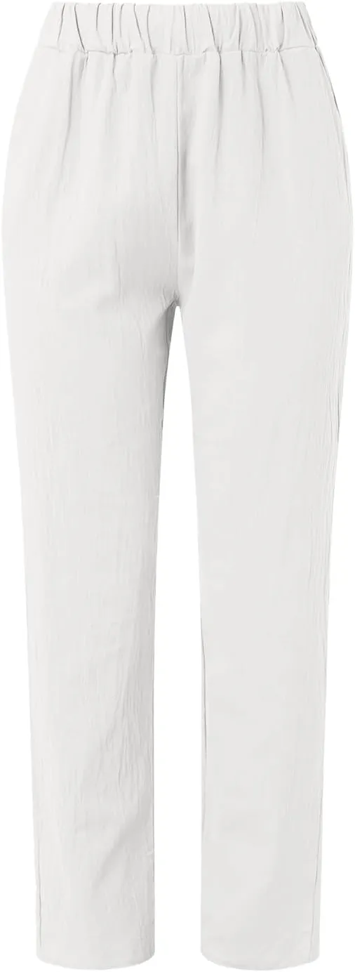 Women's Cotton Linen Capri Pants Casual Summer High Waist Baggy Wide Leg Lounge Trousers with Pockets Plus Size Beach