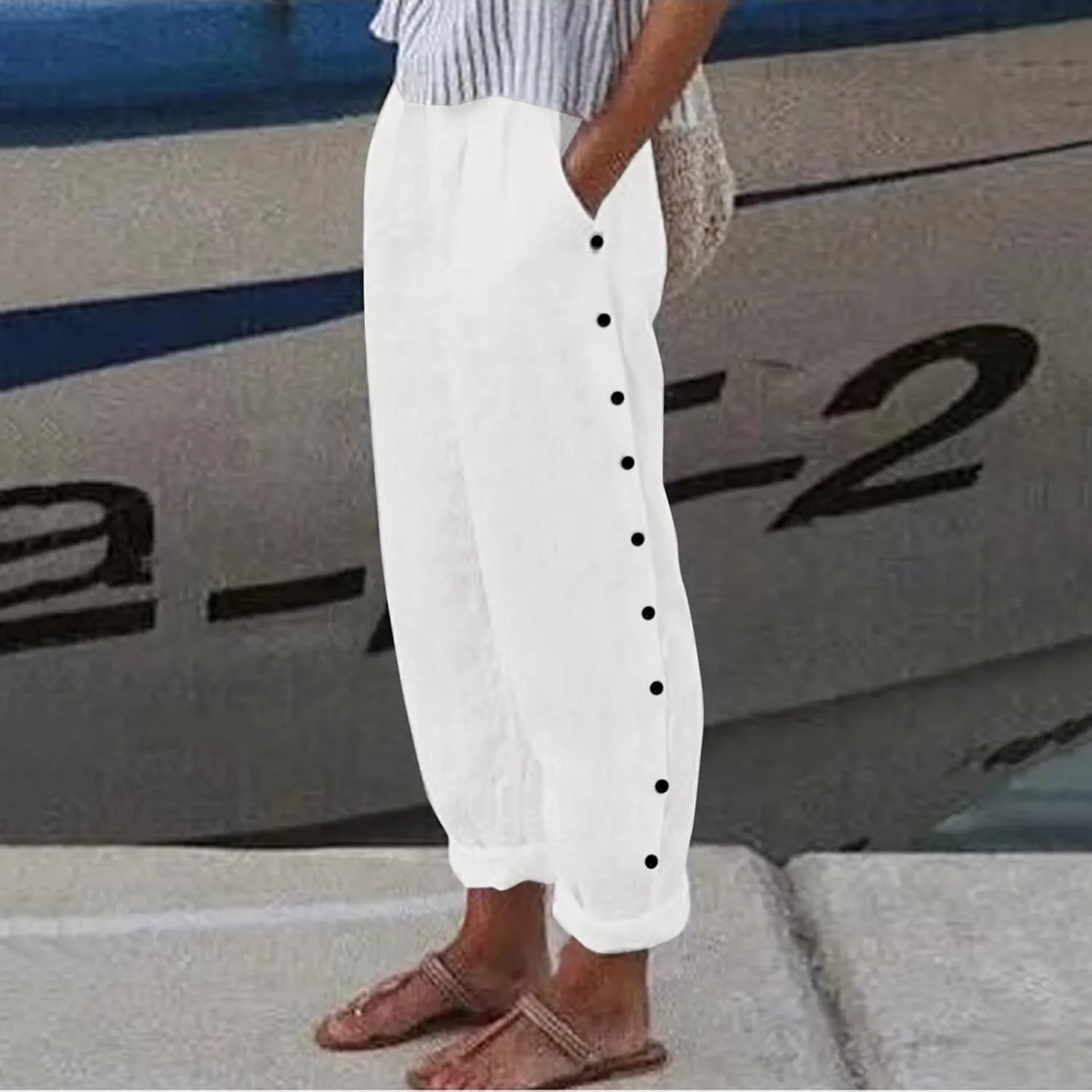 Women's Cotton Linen Capri Pants Casual Summer High Waist Baggy Wide Leg Lounge Trousers with Pockets Plus Size Beach
