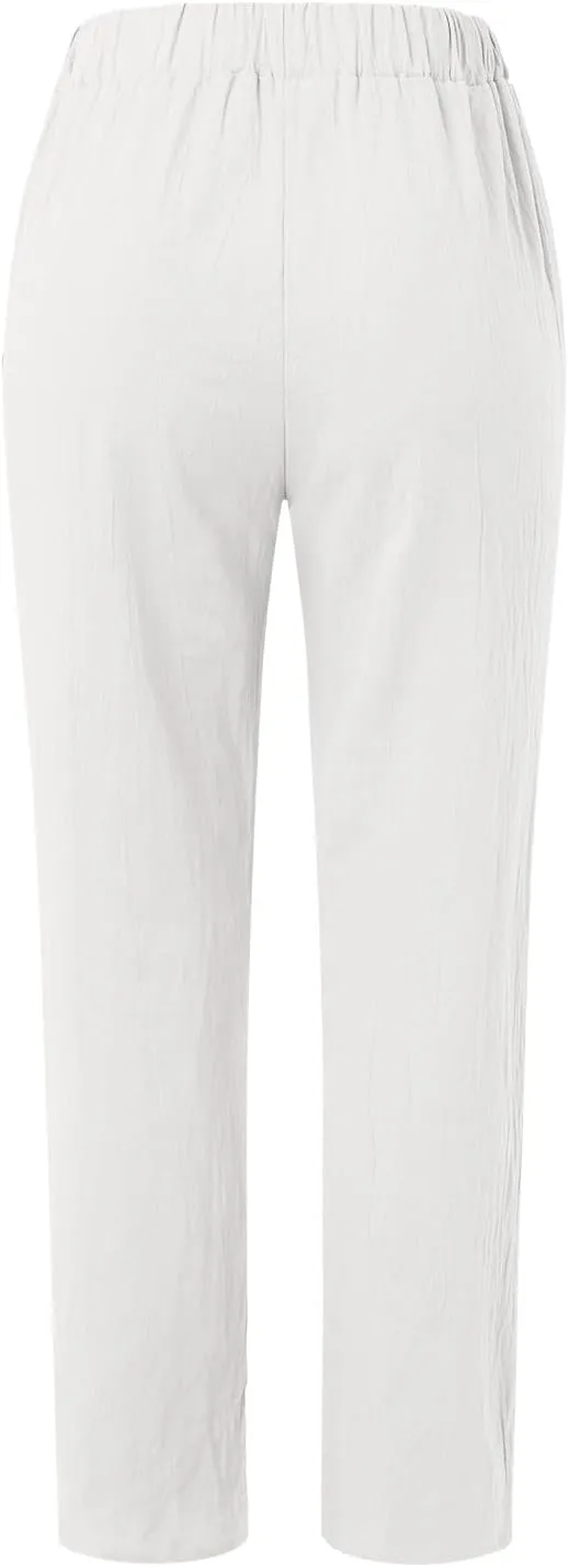 Women's Cotton Linen Capri Pants Casual Summer High Waist Baggy Wide Leg Lounge Trousers with Pockets Plus Size Beach