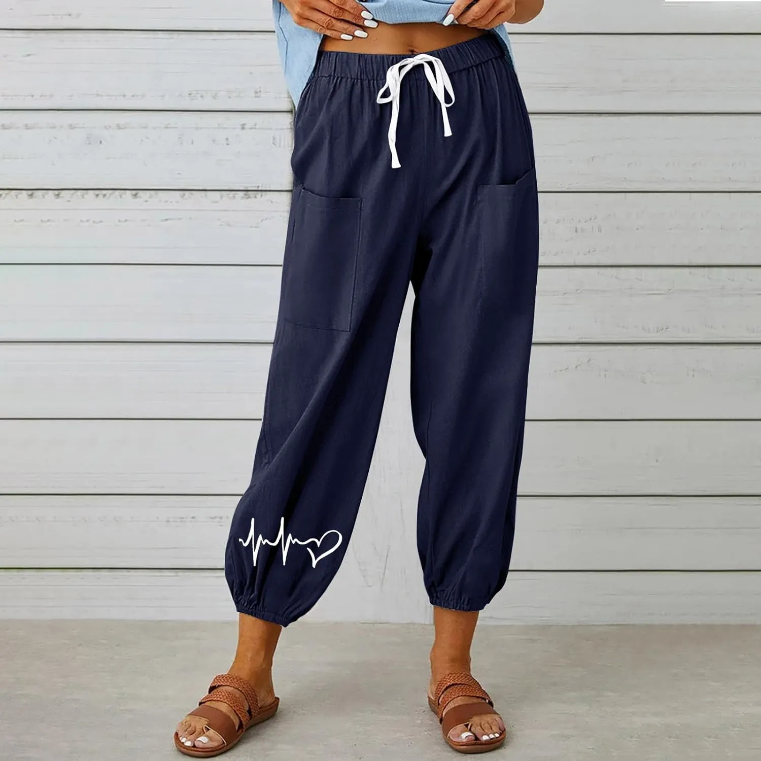 Women's Cotton Linen Drawstring Cropped Pant, Lightweight Loose High Waist Casual Pants Funny Print Pockets Trousers