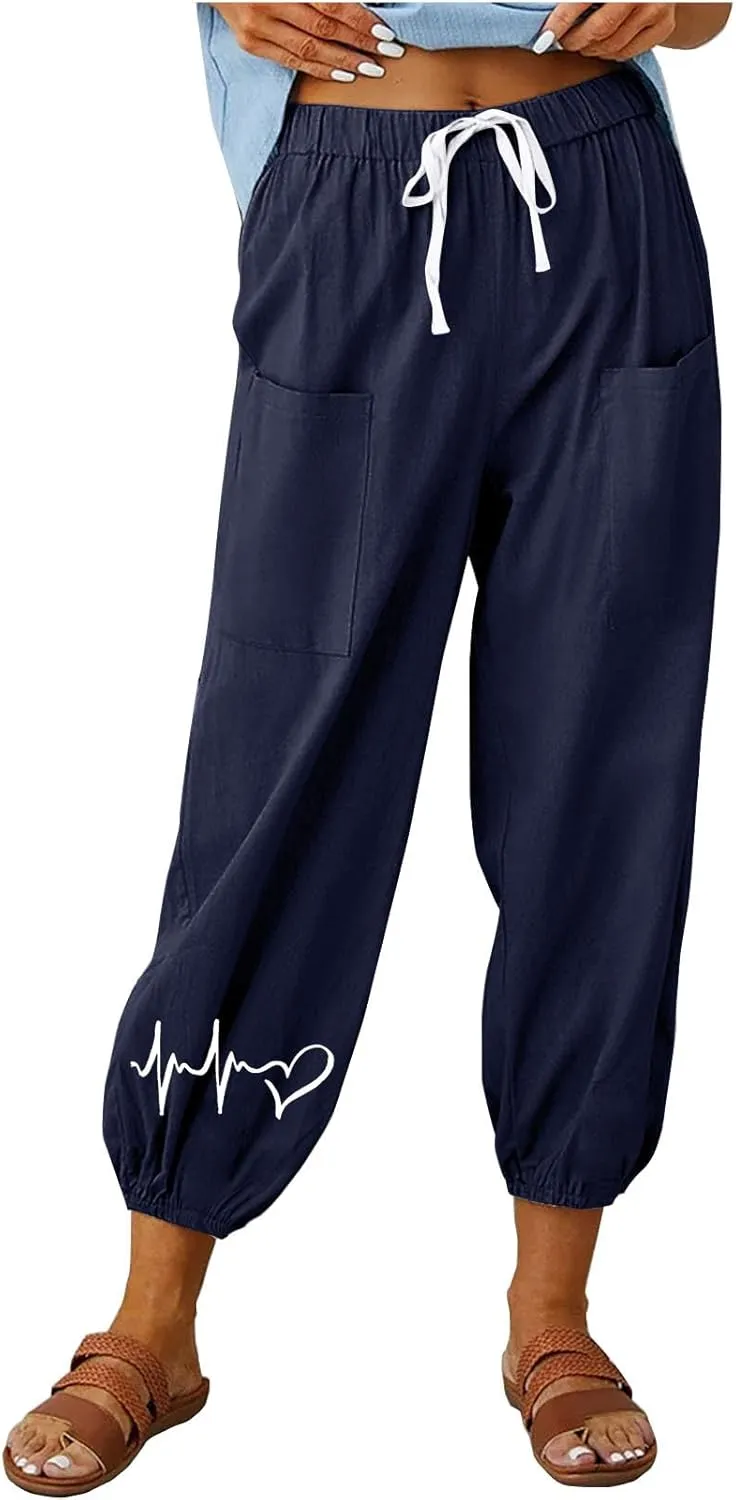 Women's Cotton Linen Drawstring Cropped Pant, Lightweight Loose High Waist Casual Pants Funny Print Pockets Trousers