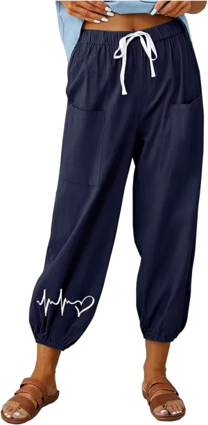Women's Cotton Linen Drawstring Cropped Pant, Lightweight Loose High Waist Casual Pants Funny Print Pockets Trousers