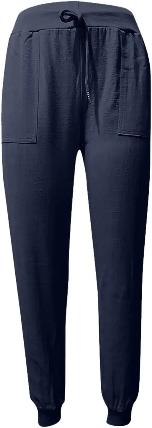 Womens Cotton Linen Jogger Pants Tapered Leg Summer Casual Back Elastic Waist Beach Pants Drawstring Trousers with Pockets