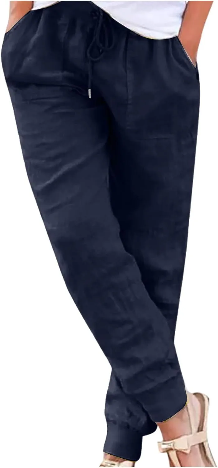 Womens Cotton Linen Jogger Pants Tapered Leg Summer Casual Back Elastic Waist Beach Pants Drawstring Trousers with Pockets