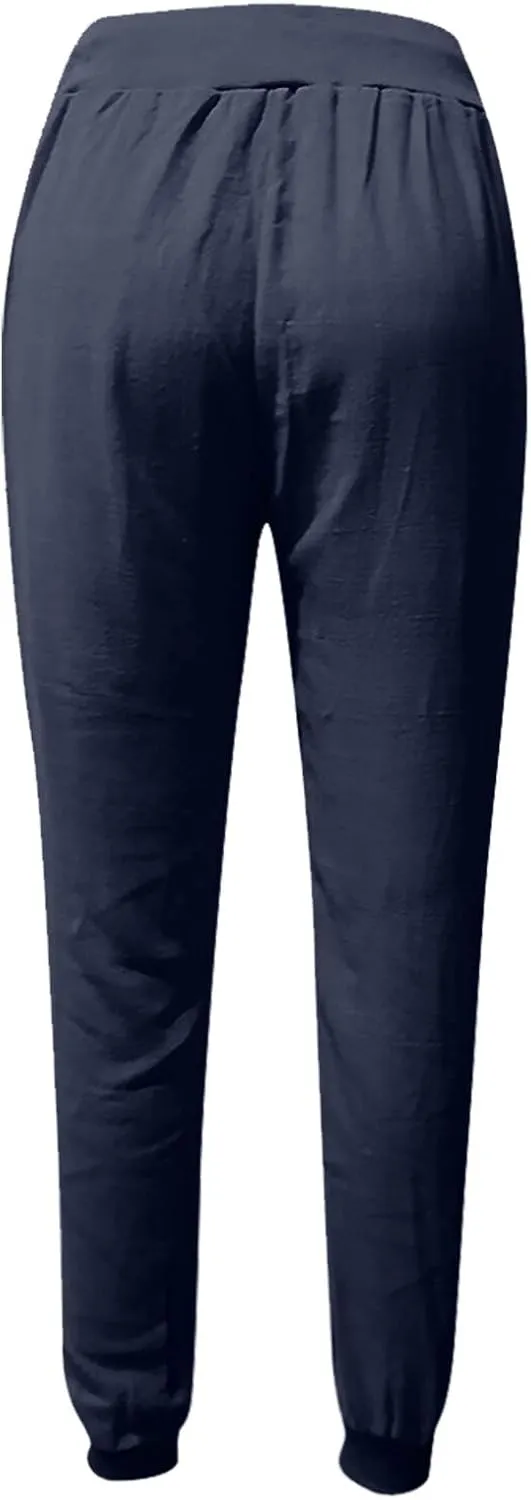 Womens Cotton Linen Jogger Pants Tapered Leg Summer Casual Back Elastic Waist Beach Pants Drawstring Trousers with Pockets