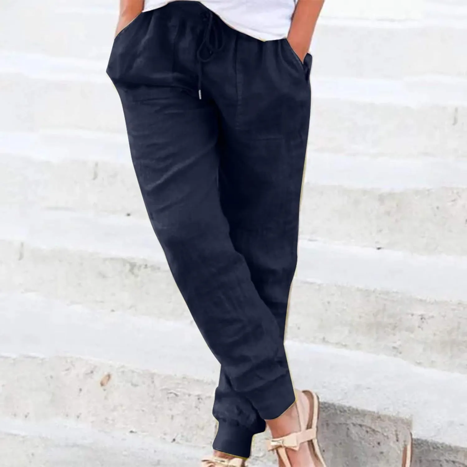 Womens Cotton Linen Jogger Pants Tapered Leg Summer Casual Back Elastic Waist Beach Pants Drawstring Trousers with Pockets