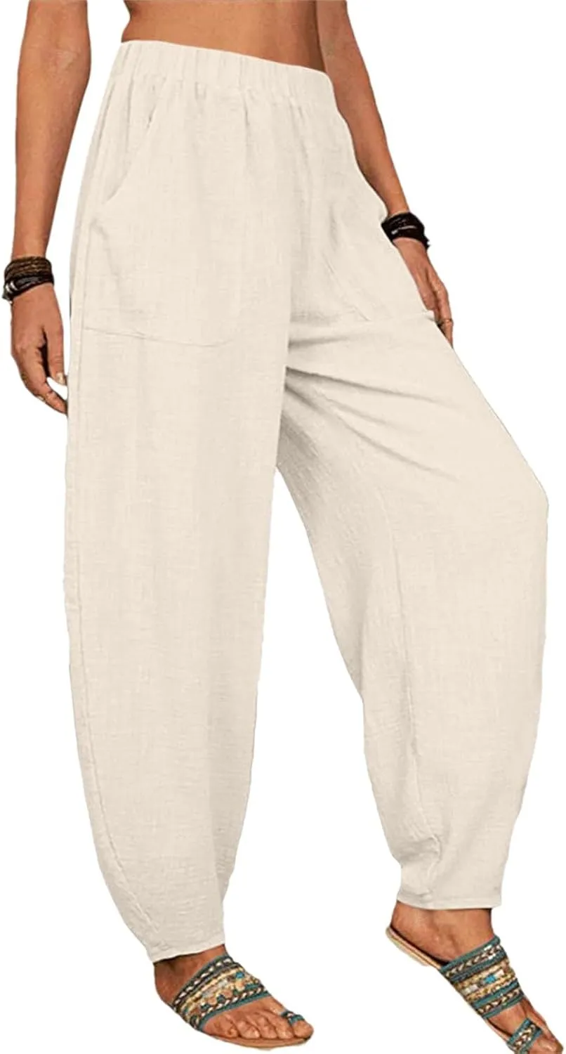 Women's Cotton Linen Pants 2025 Summer Elastic Waist Straight Leg Pant Relax Comfy Solid Casual Lounge Long Trousers