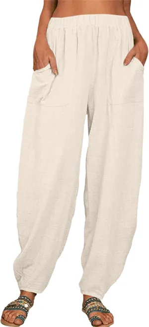 Women's Cotton Linen Pants 2025 Summer Elastic Waist Straight Leg Pant Relax Comfy Solid Casual Lounge Long Trousers