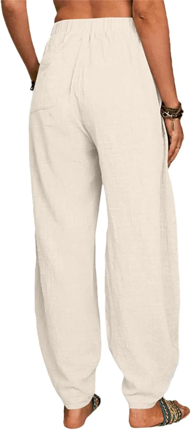 Women's Cotton Linen Pants 2025 Summer Elastic Waist Straight Leg Pant Relax Comfy Solid Casual Lounge Long Trousers
