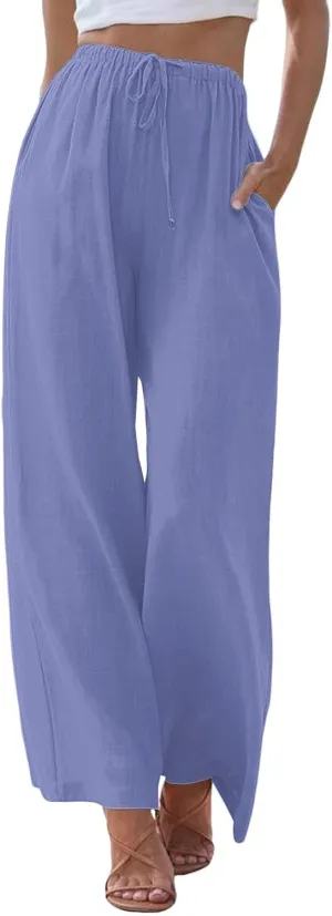 Women's Cotton Linen Pants Baggy Cool Lightweight Summer Hiking Lounge Pants Solid Color Drawstring Wide Leg Trousers