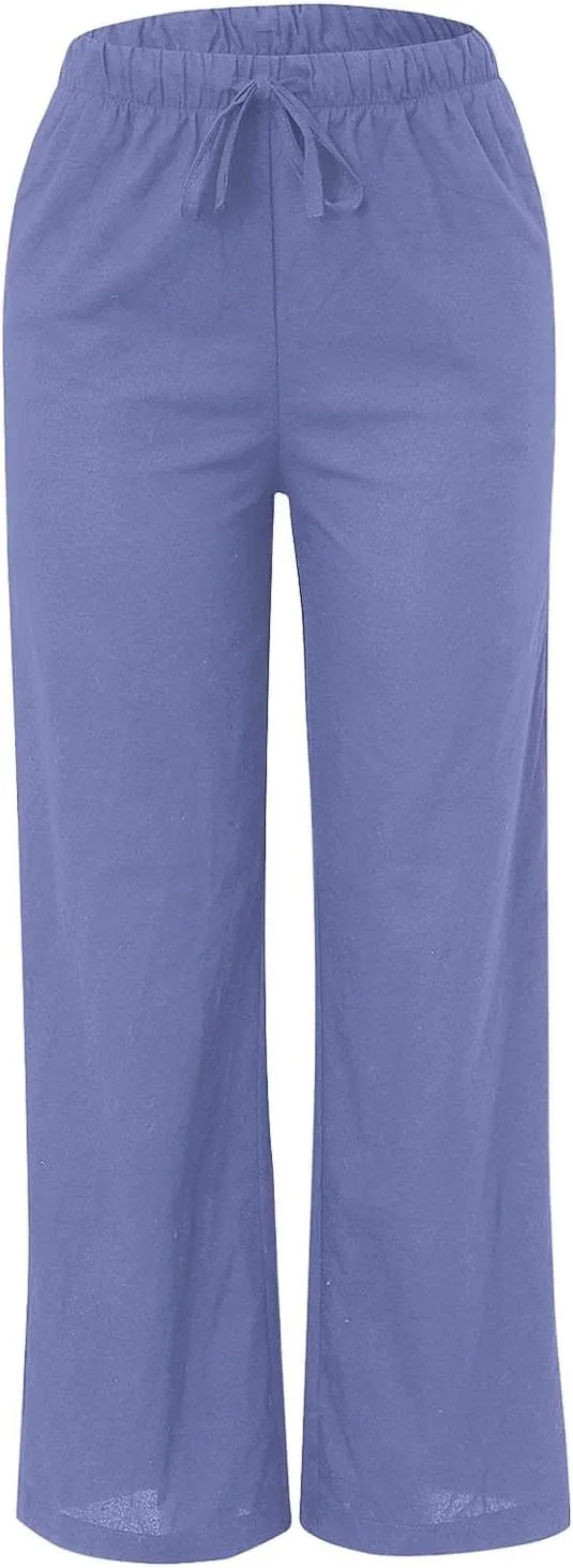 Women's Cotton Linen Pants Baggy Cool Lightweight Summer Hiking Lounge Pants Solid Color Drawstring Wide Leg Trousers
