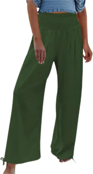 Women's Cotton Linen Pants Baggy Wide Leg Palazzo Pant Casual Loose Elastic High Waist Lounge Trousers with Pockets