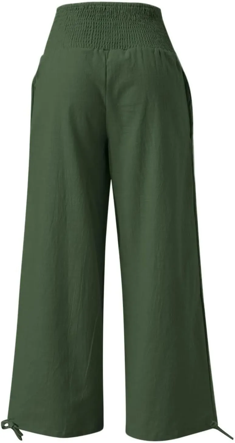 Women's Cotton Linen Pants Baggy Wide Leg Palazzo Pant Casual Loose Elastic High Waist Lounge Trousers with Pockets