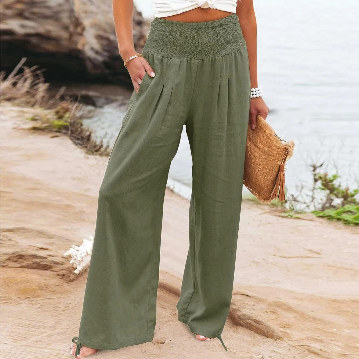 Women's Cotton Linen Pants Baggy Wide Leg Palazzo Pant Casual Loose Elastic High Waist Lounge Trousers with Pockets