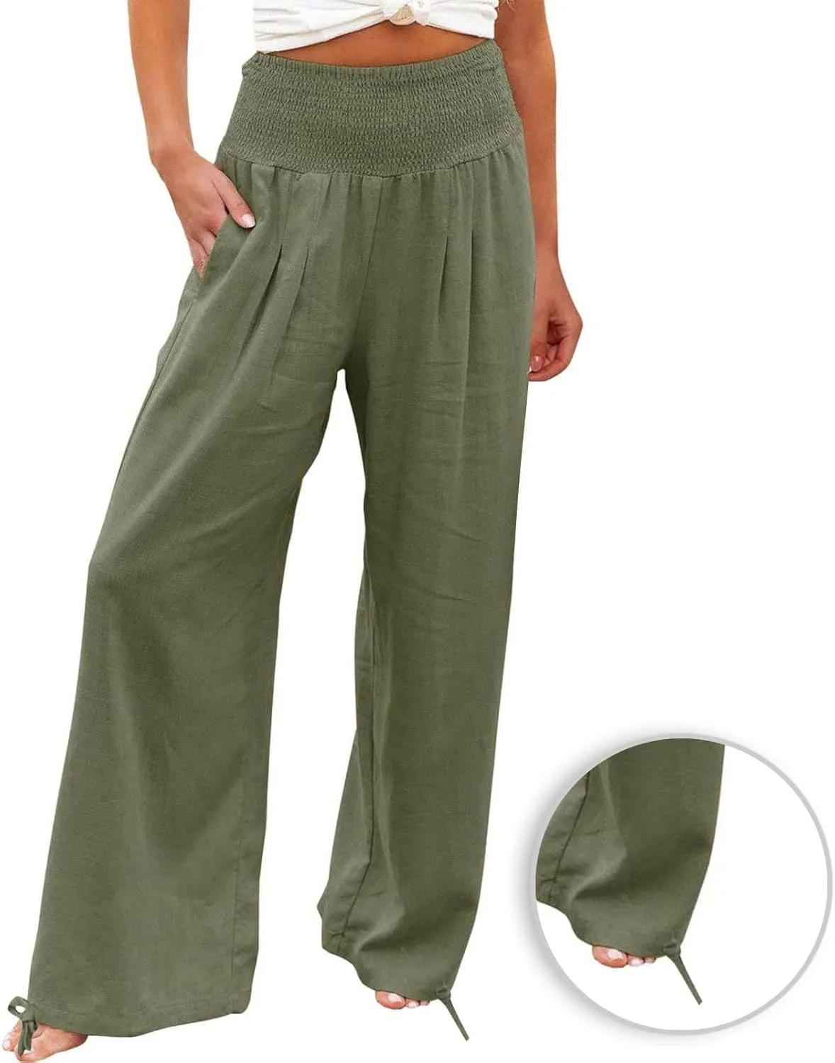 Women's Cotton Linen Pants Baggy Wide Leg Palazzo Pant Casual Loose Elastic High Waist Lounge Trousers with Pockets