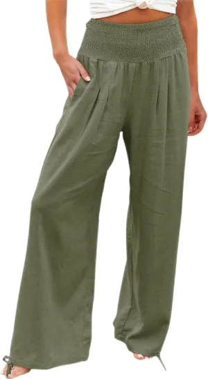 Women's Cotton Linen Pants Baggy Wide Leg Palazzo Pant Casual Loose Elastic High Waist Lounge Trousers with Pockets