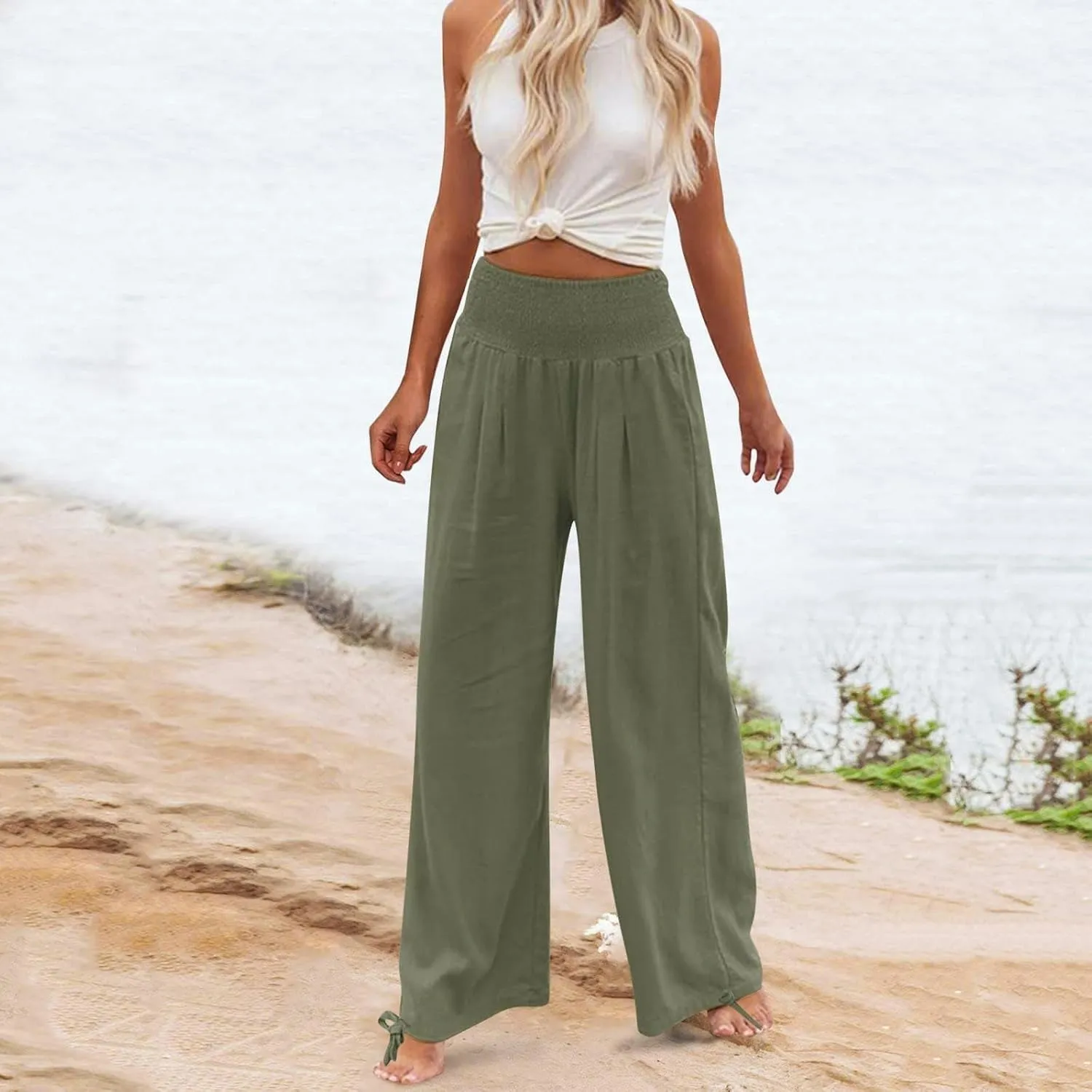 Women's Cotton Linen Pants Baggy Wide Leg Palazzo Pant Casual Loose Elastic High Waist Lounge Trousers with Pockets