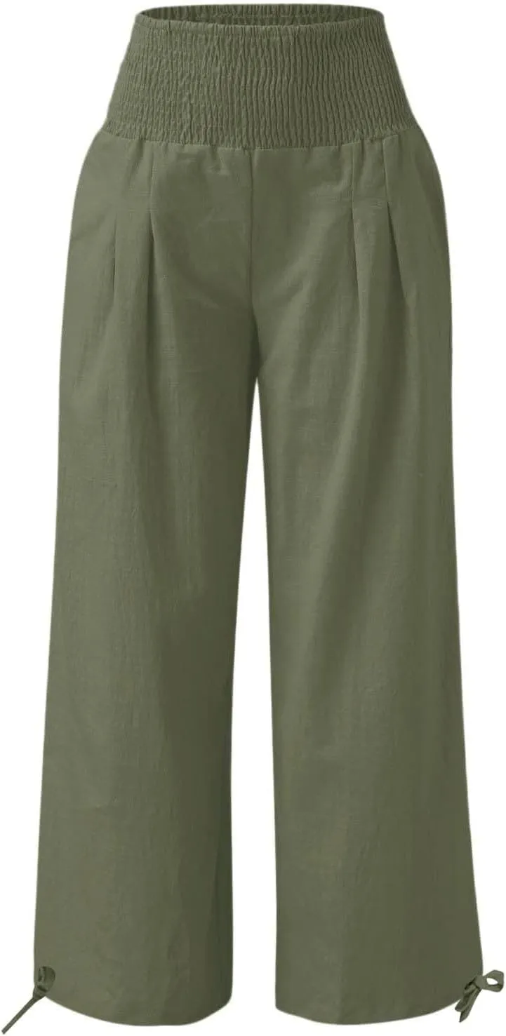 Women's Cotton Linen Pants Baggy Wide Leg Palazzo Pant Casual Loose Elastic High Waist Lounge Trousers with Pockets
