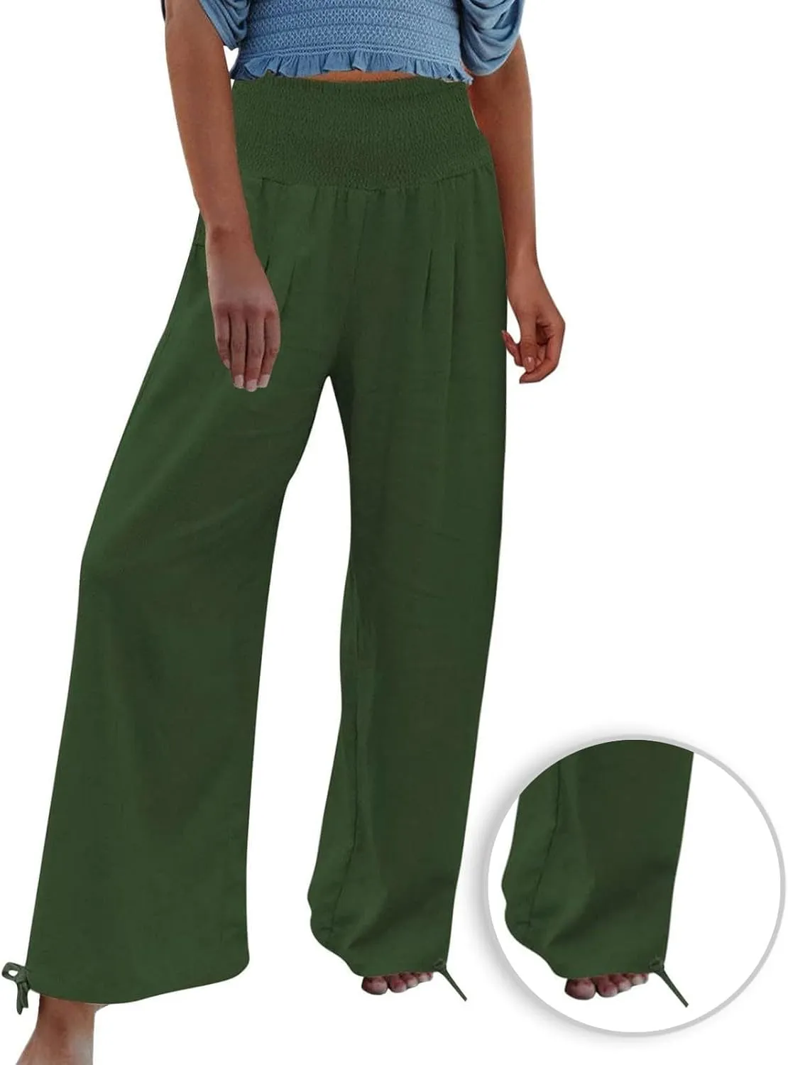 Women's Cotton Linen Pants Baggy Wide Leg Palazzo Pant Casual Loose Elastic High Waist Lounge Trousers with Pockets