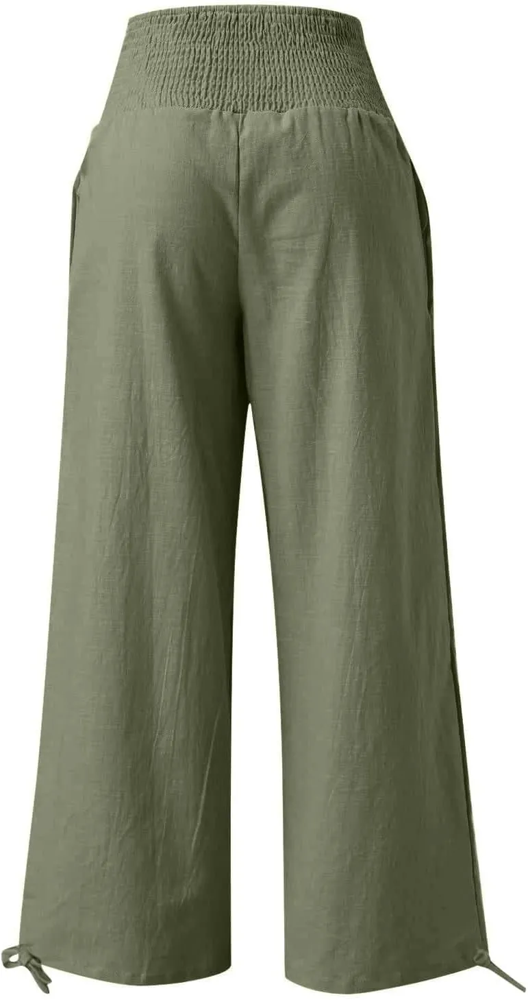 Women's Cotton Linen Pants Baggy Wide Leg Palazzo Pant Casual Loose Elastic High Waist Lounge Trousers with Pockets