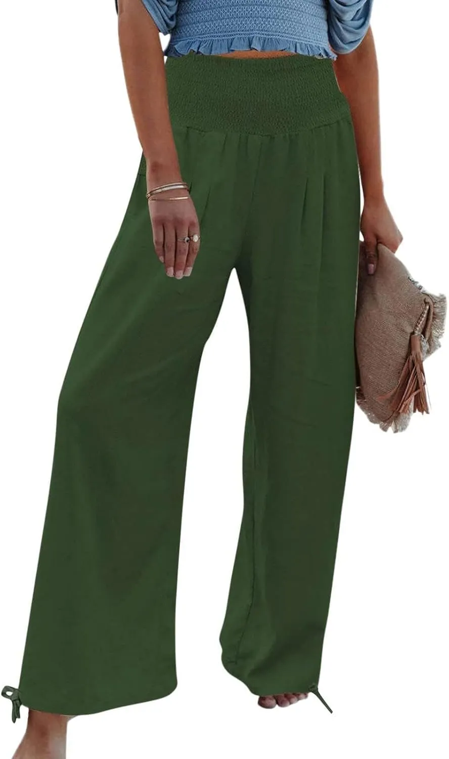 Women's Cotton Linen Pants Baggy Wide Leg Palazzo Pant Casual Loose Elastic High Waist Lounge Trousers with Pockets