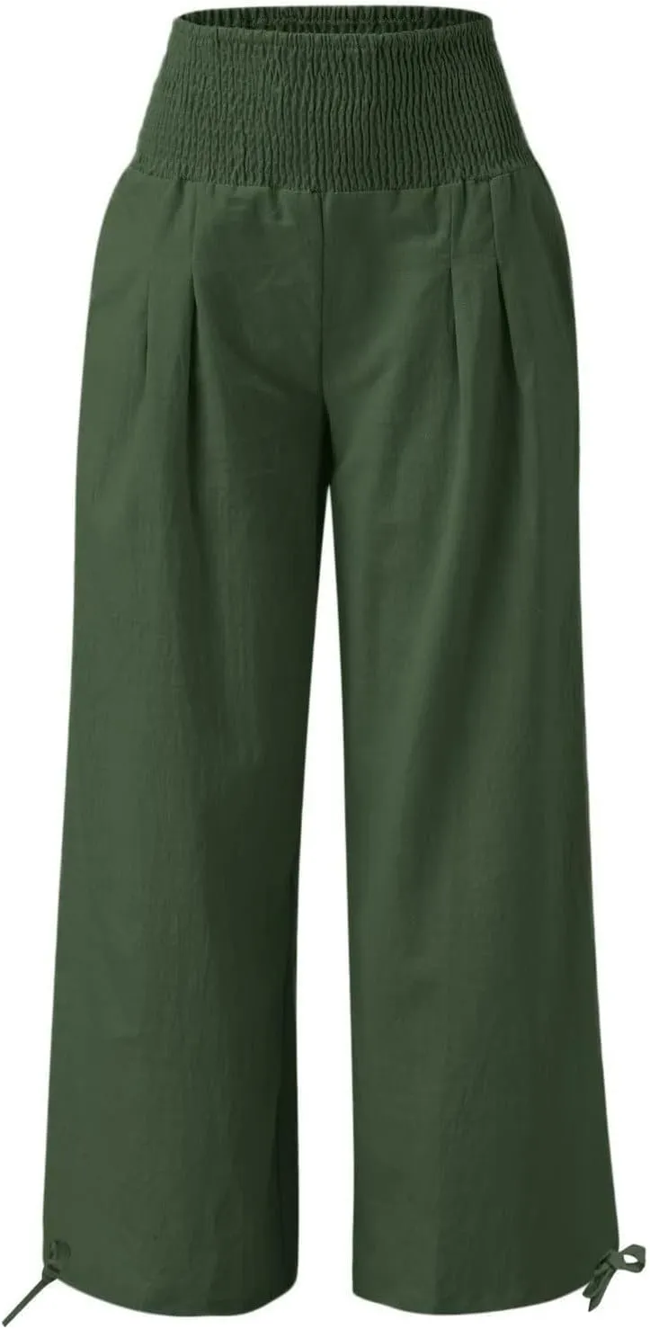 Women's Cotton Linen Pants Baggy Wide Leg Palazzo Pant Casual Loose Elastic High Waist Lounge Trousers with Pockets