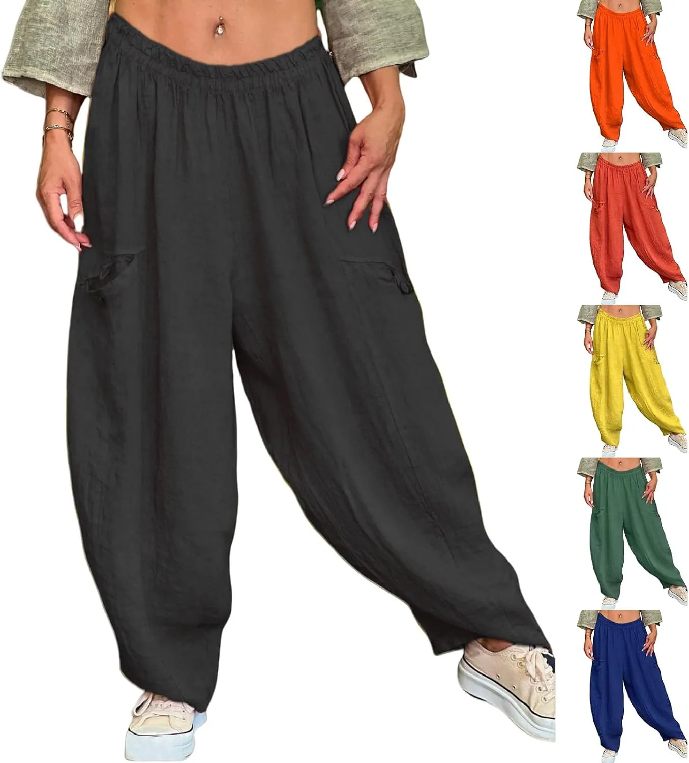 Women's Cotton Linen Pants Casual Loose Lantern Trousers Lounge Wide Leg Pants for Women Summer Light and Breathable